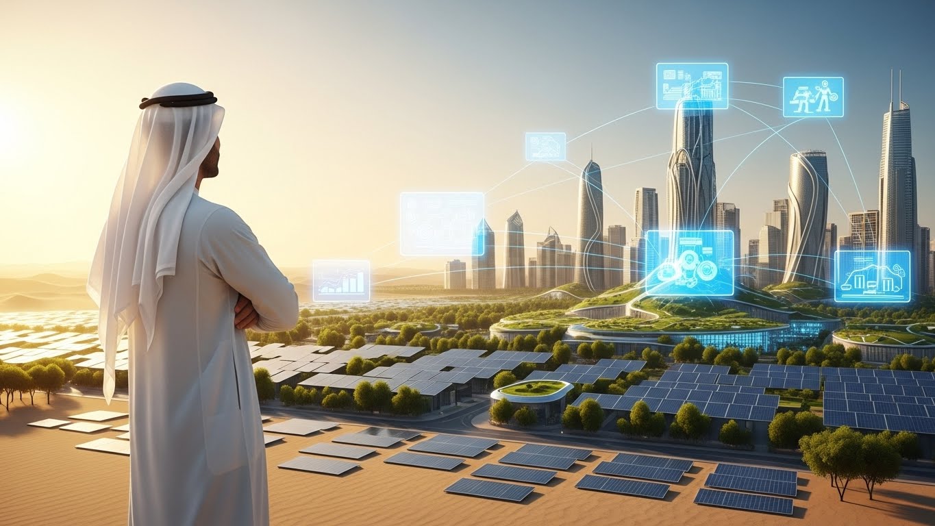Saudi engineers collaborating on a futuristic smart city project, symbolizing Vision 2030 and talent development.